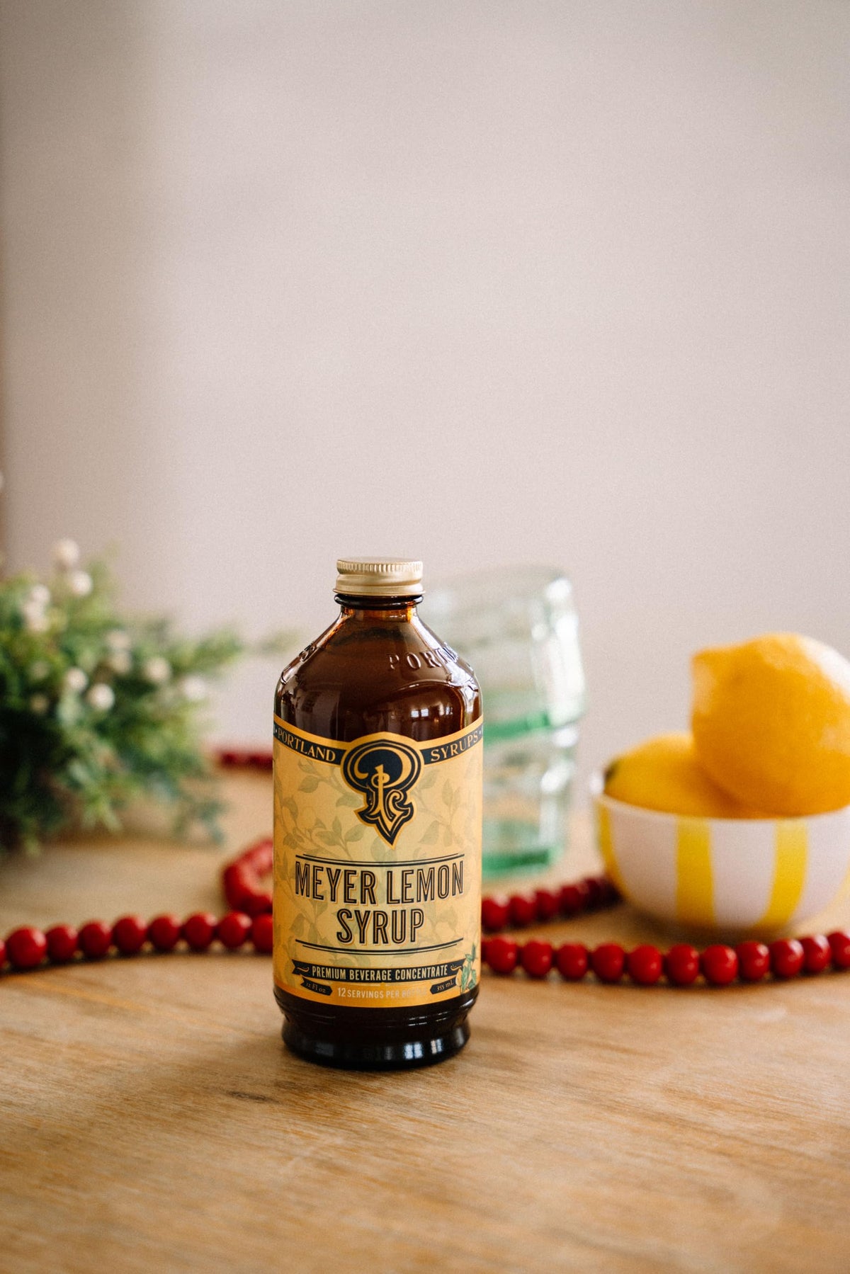 Portland Syrups Meyer Lemon Syrup dual bottle setup ideal for party prep.