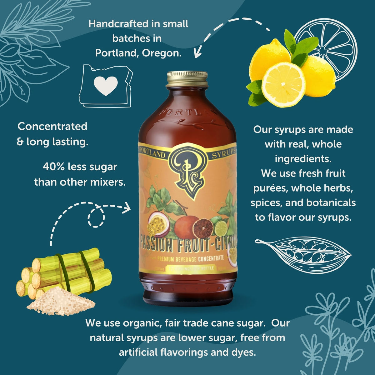 Portland Syrups Passion Fruit Citrus bottle label communicates premium, small-batch craft.