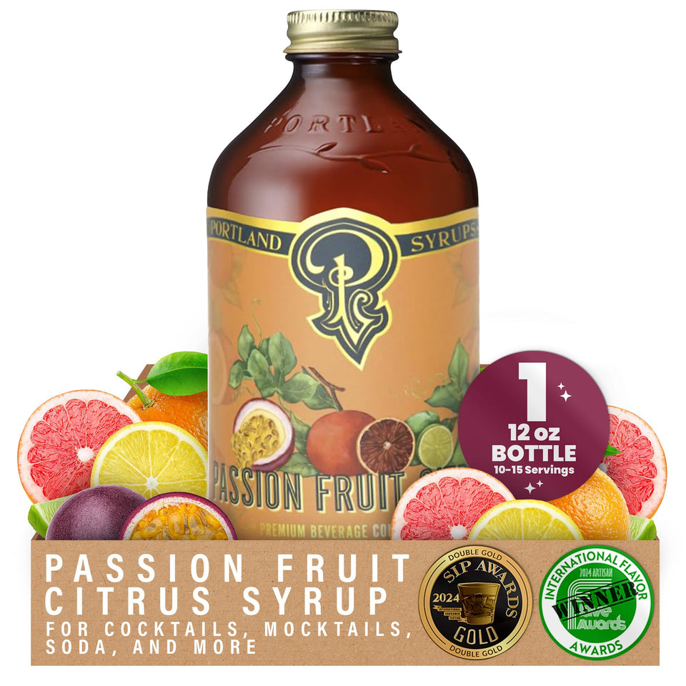 Portland Syrups Passion Fruit Citrus bottle adds tropical flavor to cocktails.