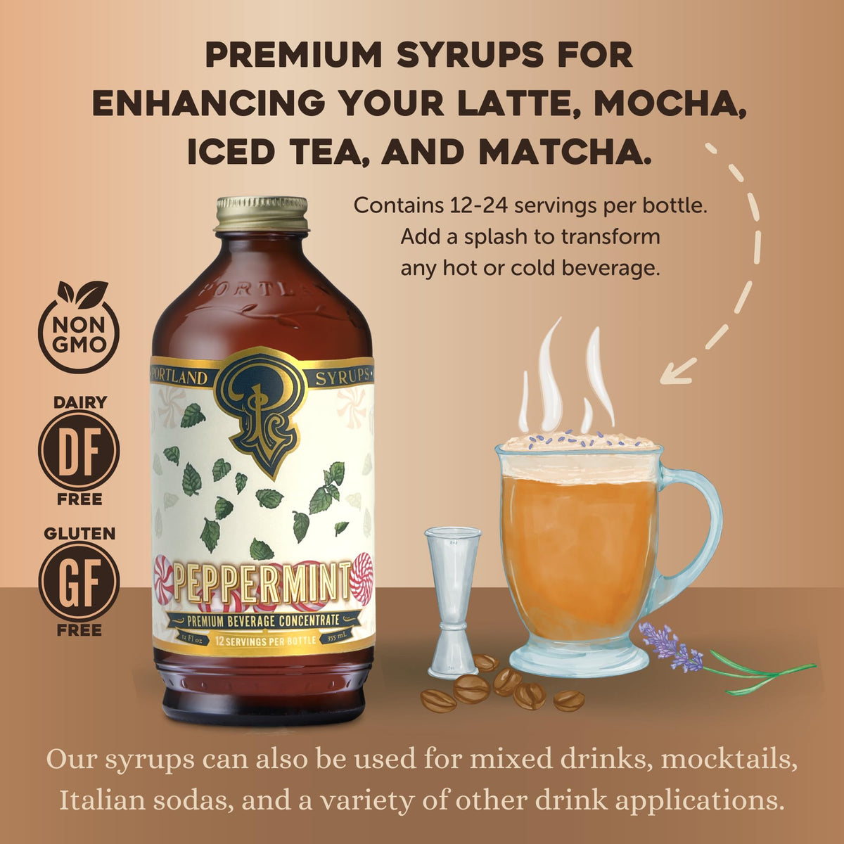 Portland Syrups Peppermint Syrup latte art-ready mint flavor boosts aroma.