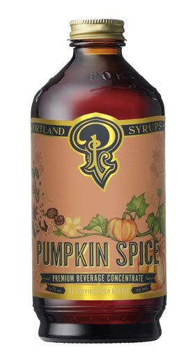 Portland Syrups Pumpkin Spice Syrup bottle highlighting authentic autumn flavor for lattes.