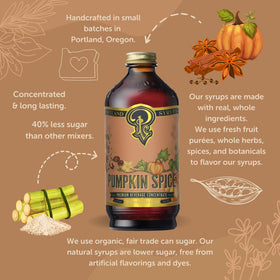 Portland Syrups Pumpkin Spice Syrup ingredients featuring organic pumpkin and spices.