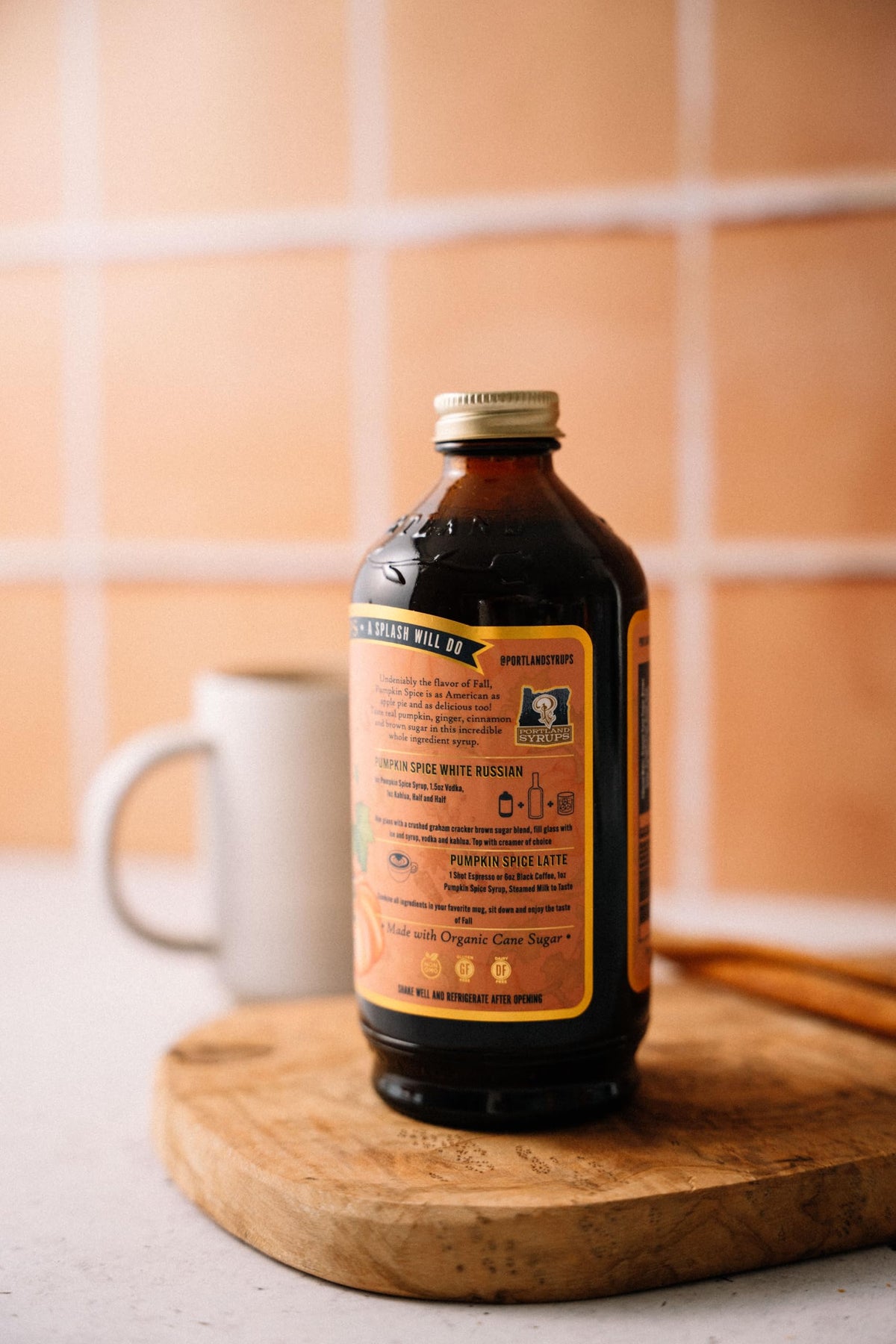 Portland Syrups Pumpkin Spice Syrup in a latte scene for cozy beverages.