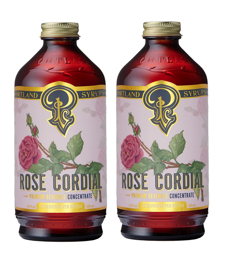 Portland Syrups Rose Cordial bottle elevates cocktails with rose floral notes.