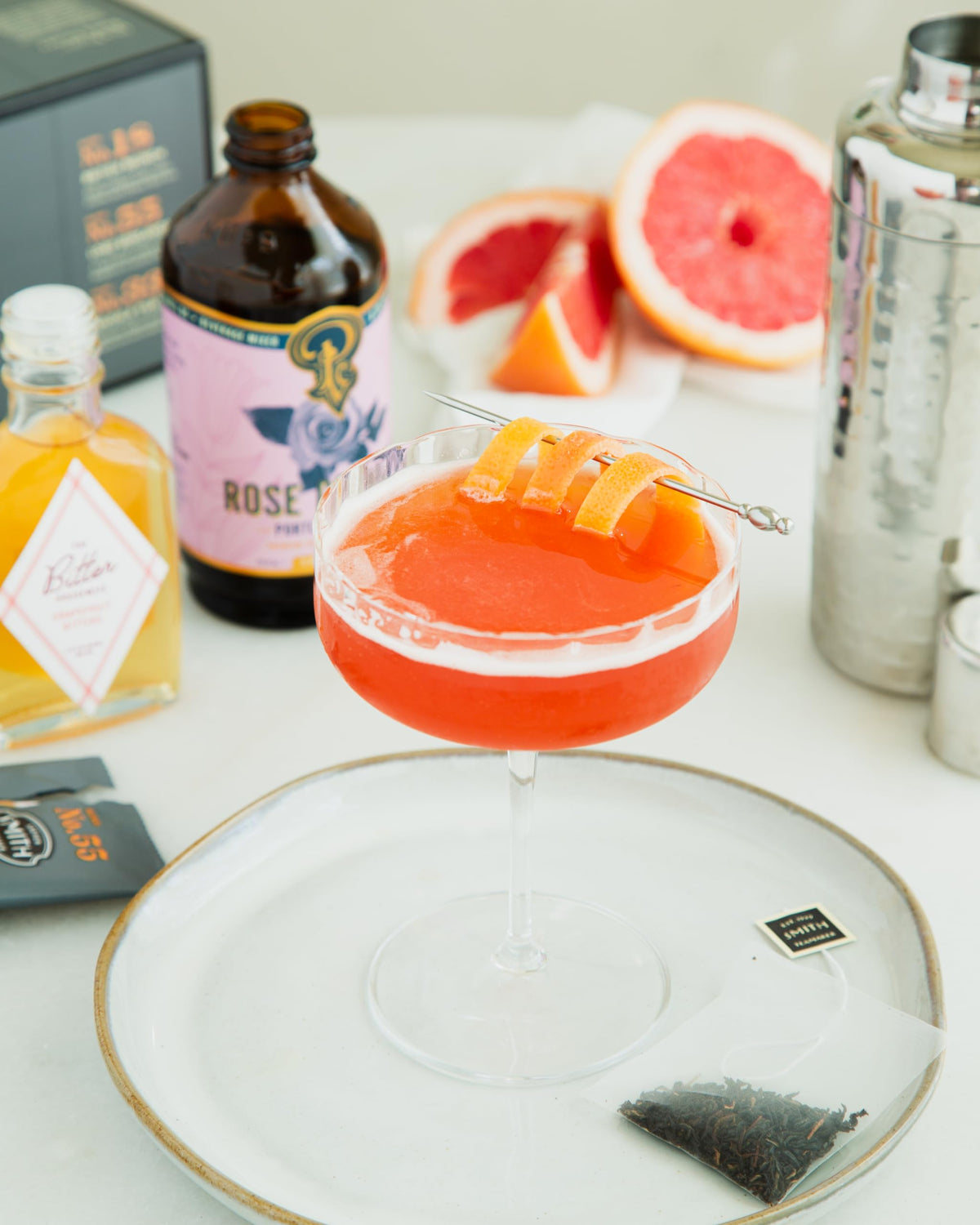 Signature cocktail concept pairing Portland Syrups Rose Cordial with clear spirits.