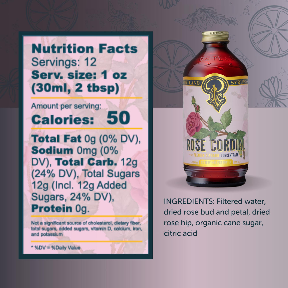 P Portland Syrups Rose Cordial glass serve indicates ready-to-mix versatility