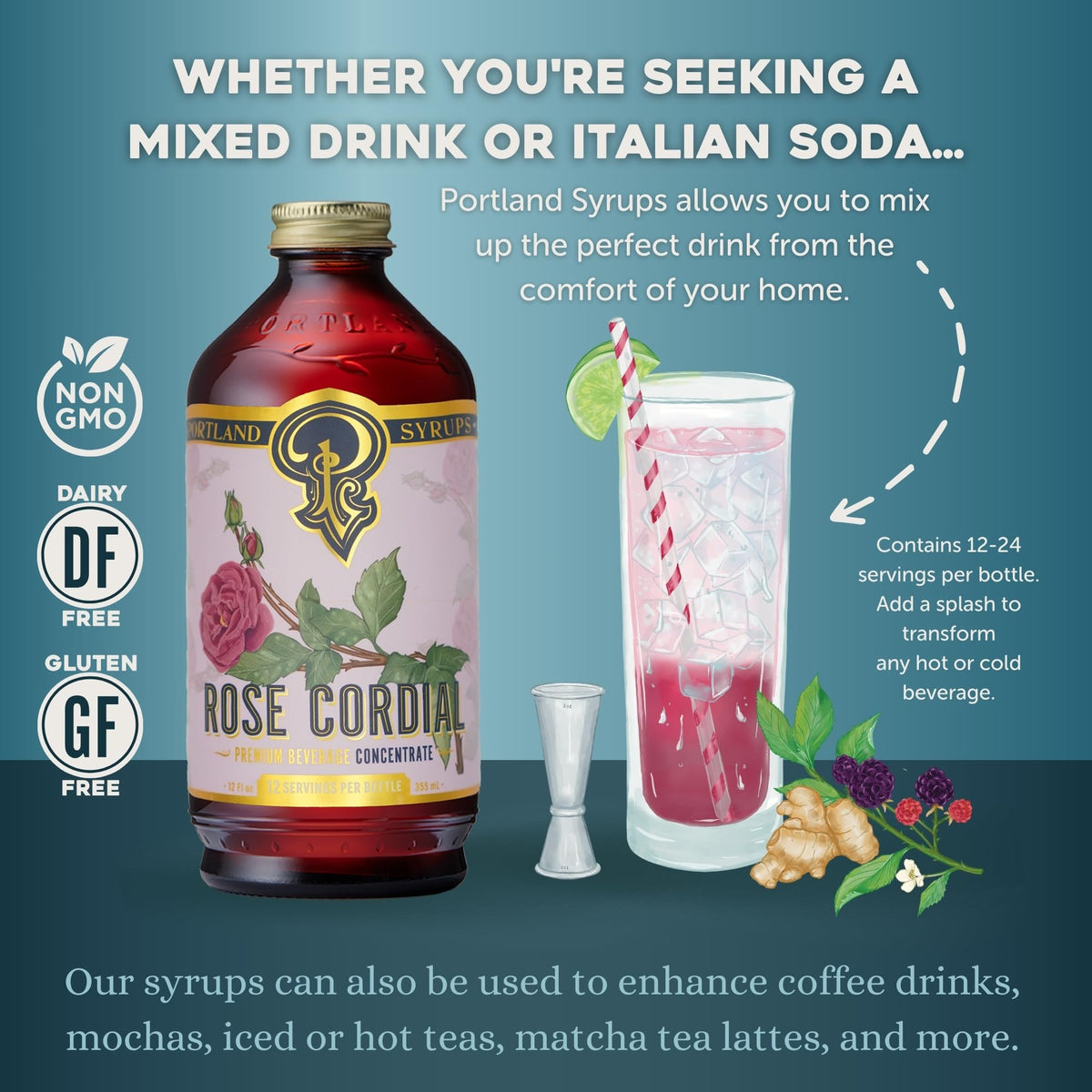 Portland Syrups Rose Cordial label detail reflects small-batch Oregon craftsmanship.