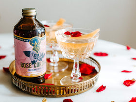Portland Syrups Rose Cordial packaging highlights natural ingredients and fragrance.