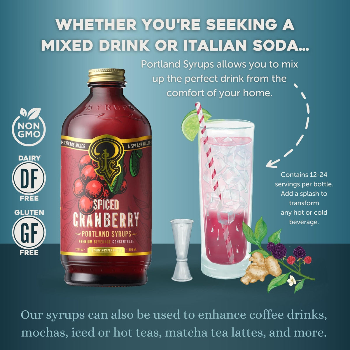 Portland Syrups Spiced Cranberry Syrup label close-up shows all-natural ingredients