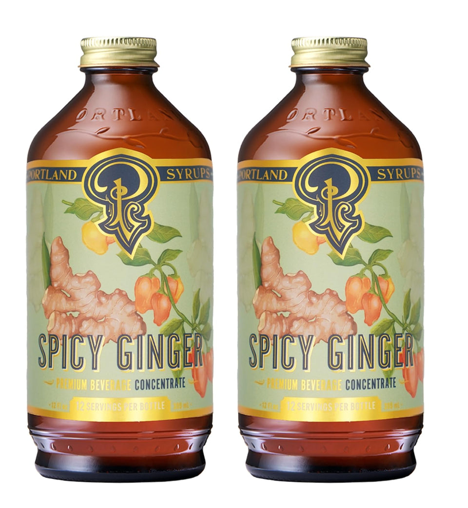 Portland Syrups Spicy Ginger Syrup bottle highlights bold ginger and fiery heat for beverages.