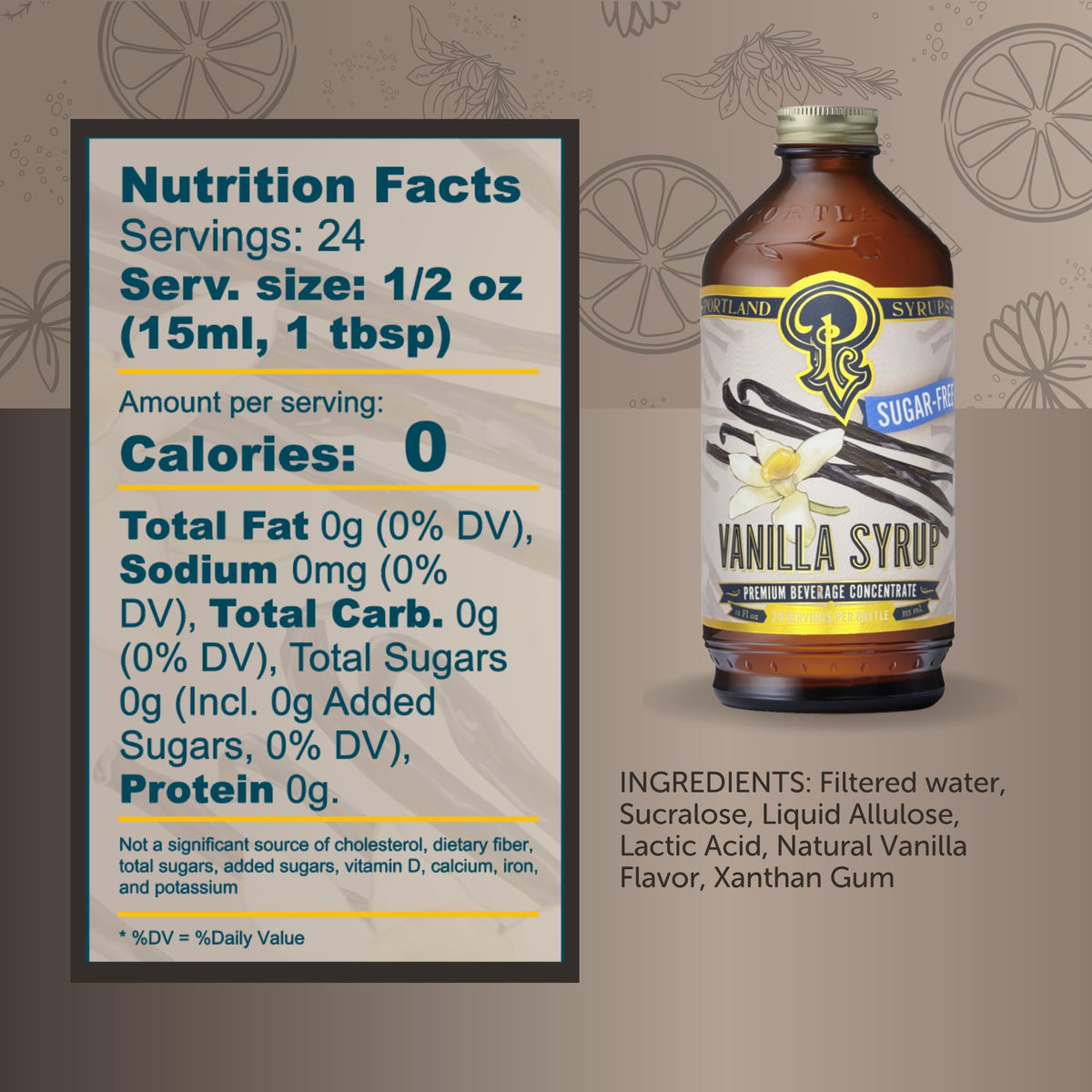 Front view of Portland Syrups Sugar-Free Vanilla bottle on a pastry display.