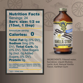 Front view of Portland Syrups Sugar-Free Vanilla bottle on a pastry display.