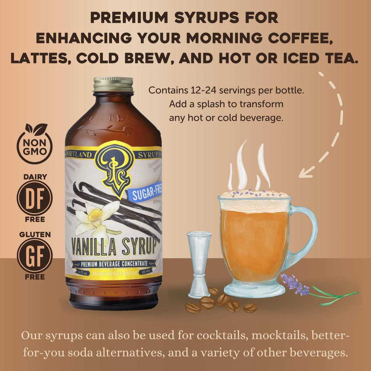 Portland Syrups Sugar-Free Vanilla bottle beside a latte highlights low-calorie vanilla sweetness.