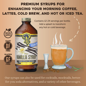 Portland Syrups Sugar-Free Vanilla bottle beside a latte highlights low-calorie vanilla sweetness.