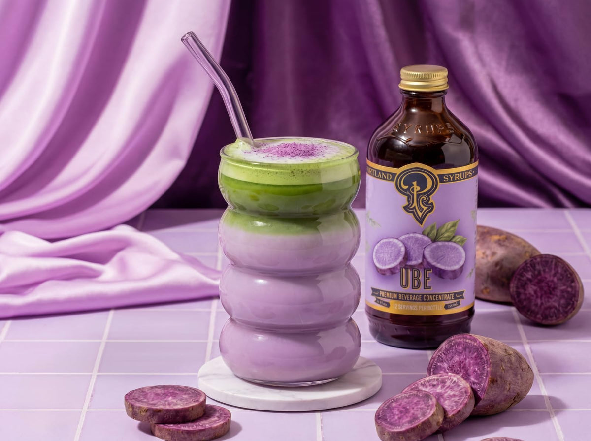 Dessert topped with Portland Syrups Ube Syrup adds color and flavor