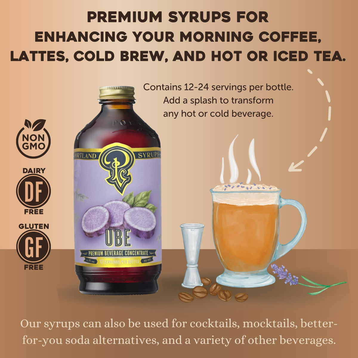Portland Syrups Ube Syrup in a glass with cocktail highlights vibrant hue