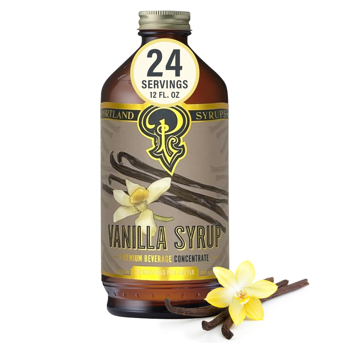 Portland Syrups Vanilla Syrup bottle shows real Tahitian vanilla beans for rich flavor.