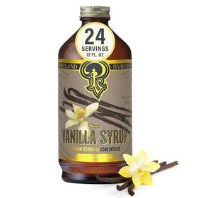 Portland Syrups Vanilla Syrup bottle shows real Tahitian vanilla beans for rich flavor.