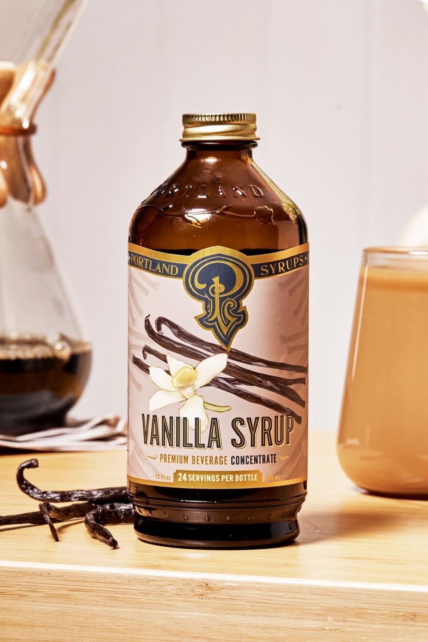 Portland Syrups Vanilla Syrup bottle label highlights organic cane sugar and craft process.