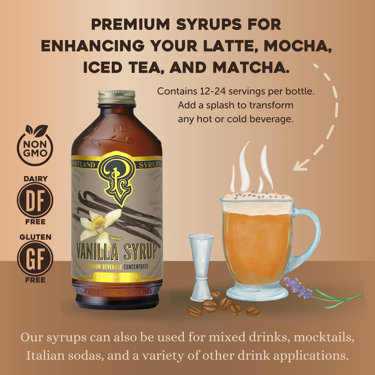Portland Syrups Vanilla Syrup being poured into a cup of coffee.