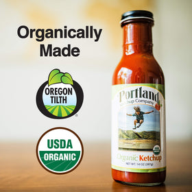 Portlandia Foods ketchup bottle back label showing OTCO and USDA organic seals