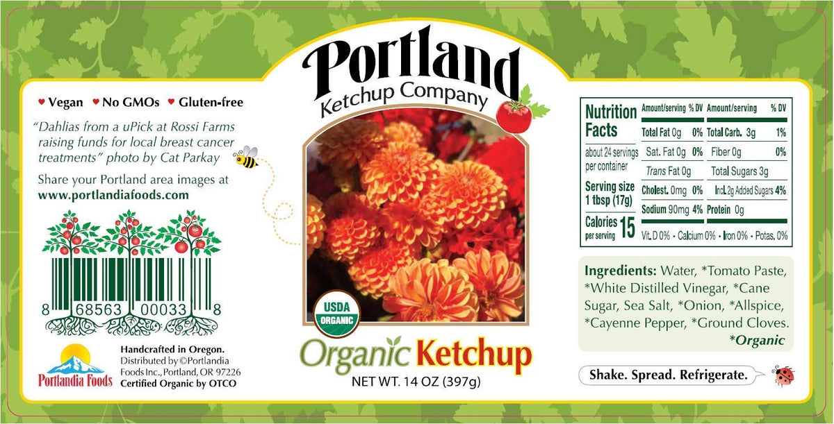 Portlandia Foods ketchup bottle front view highlighting bold tomato flavor and organic quality
