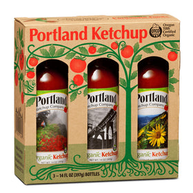 Portlandia Foods ketchup gift box label featuring Portland scene for gifting