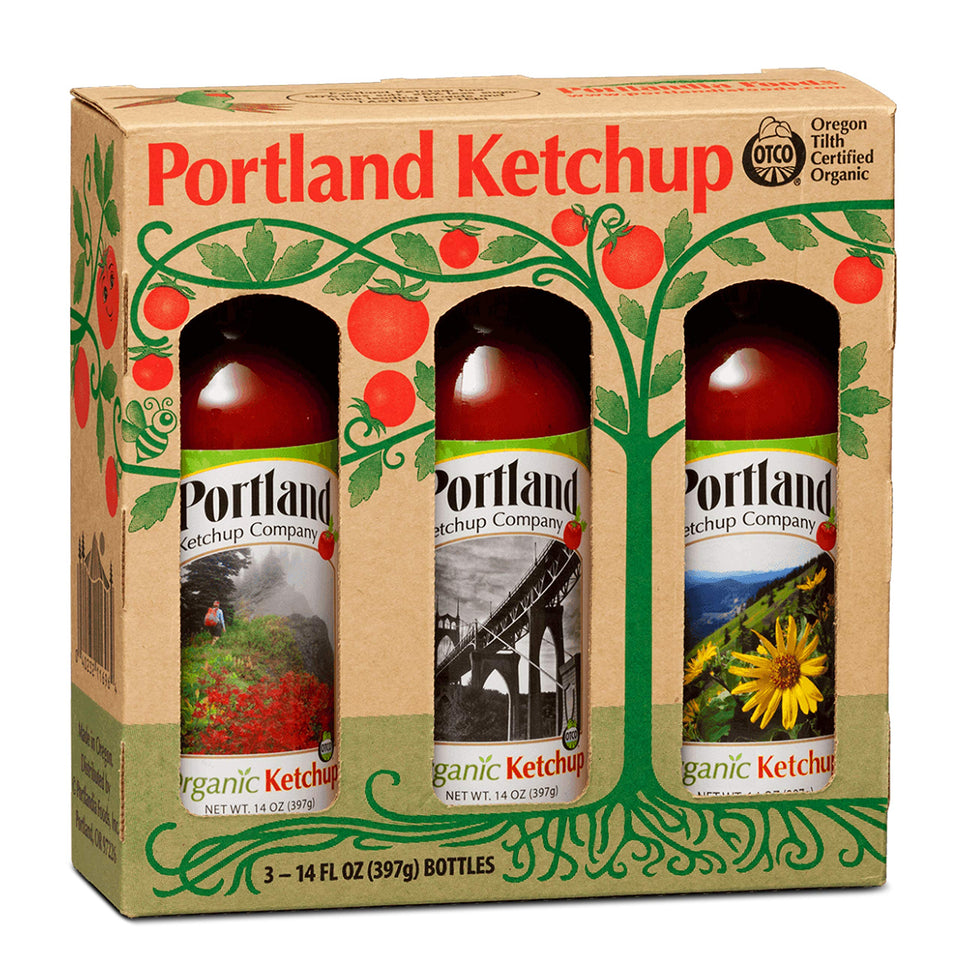 Portlandia Foods ketchup gift box label featuring Portland scene for gifting