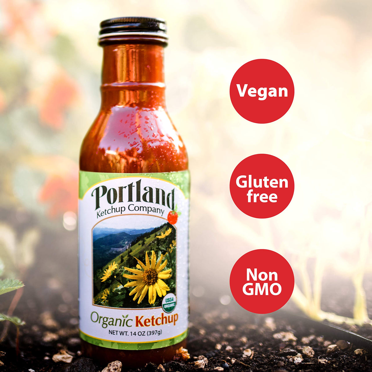 Portlandia Foods ketchup pack of 3 emphasizing sustainable sourcing and family-friendly ingredients