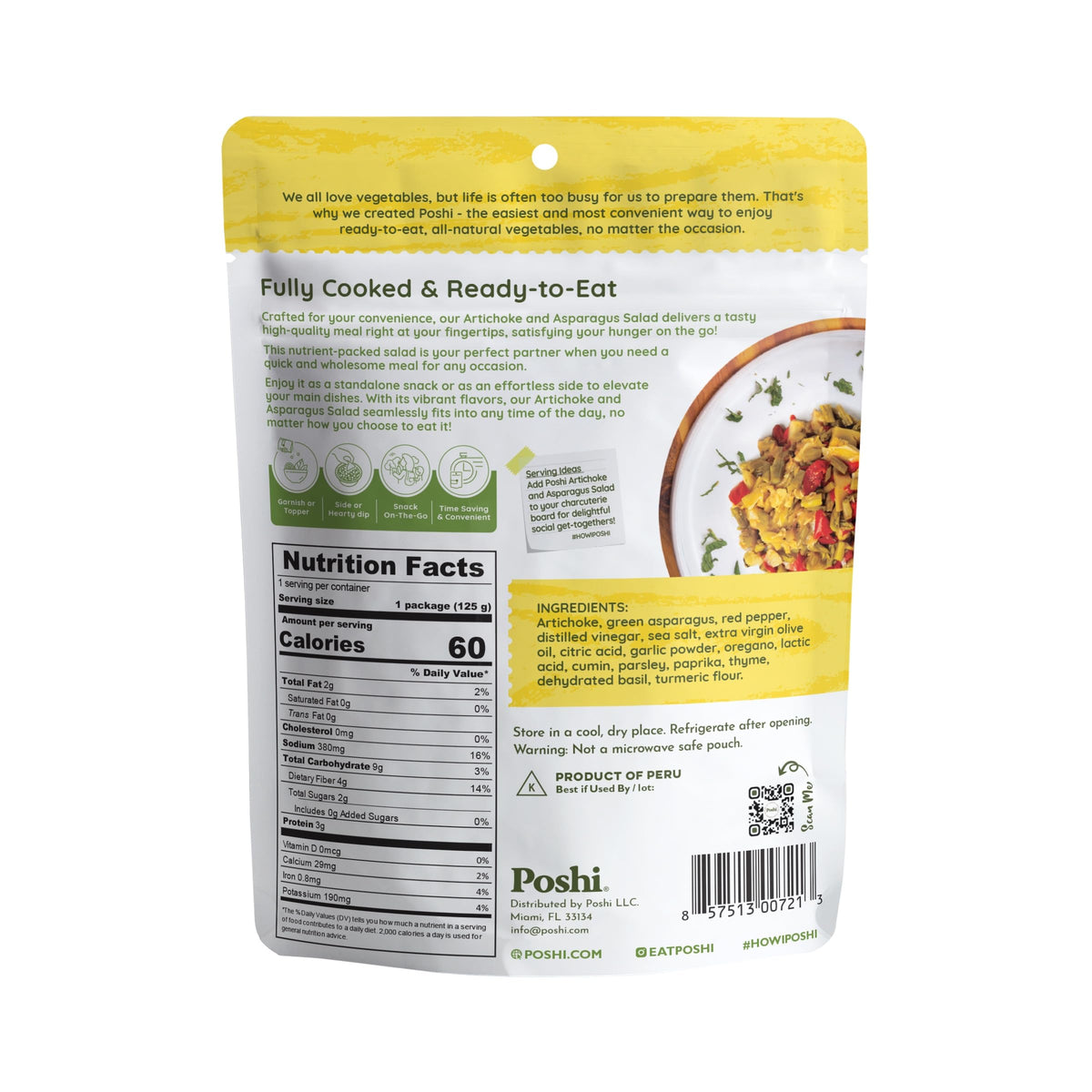POSHI Artichoke & Asparagus Salad pouch open showing ready-to-eat contents