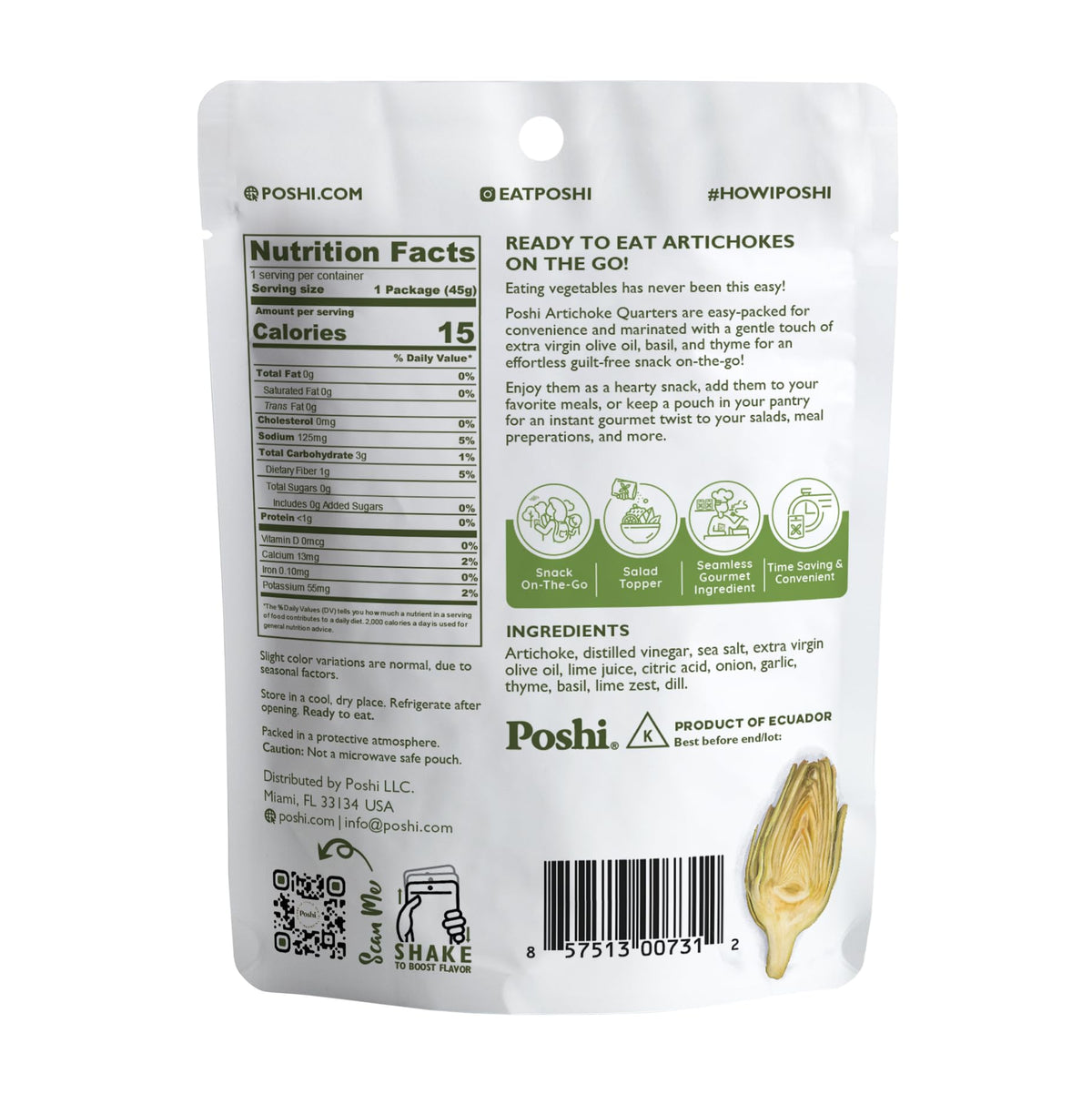 POSHI Artichoke Hearts close-up reveals artichoke quarters marinated with basil and thyme