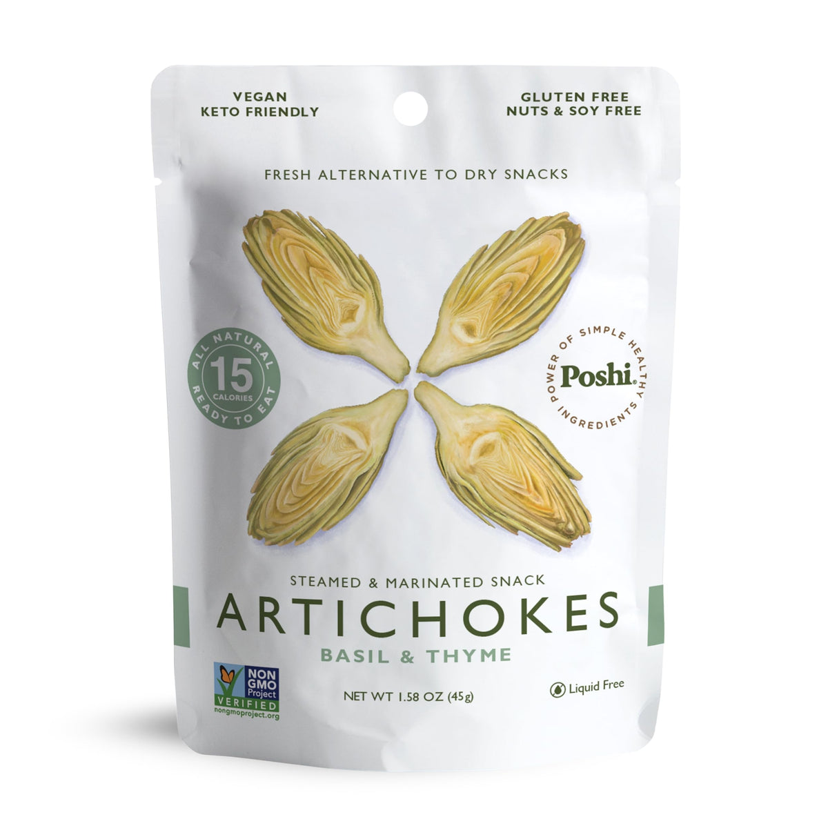 POSHI Artichoke Hearts packaging shows a ready-to-eat on-the-go snack