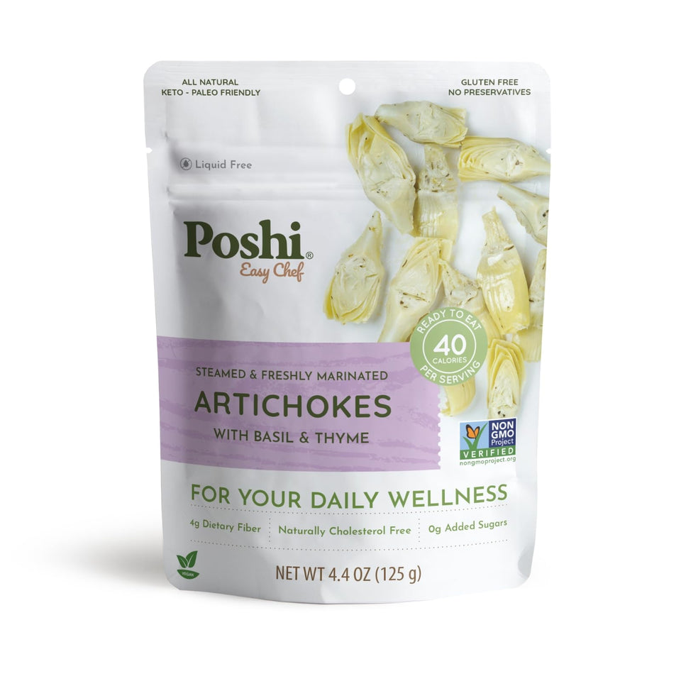 Poshi artichoke hearts basil thyme in pouch, ready-to-eat snack or side.