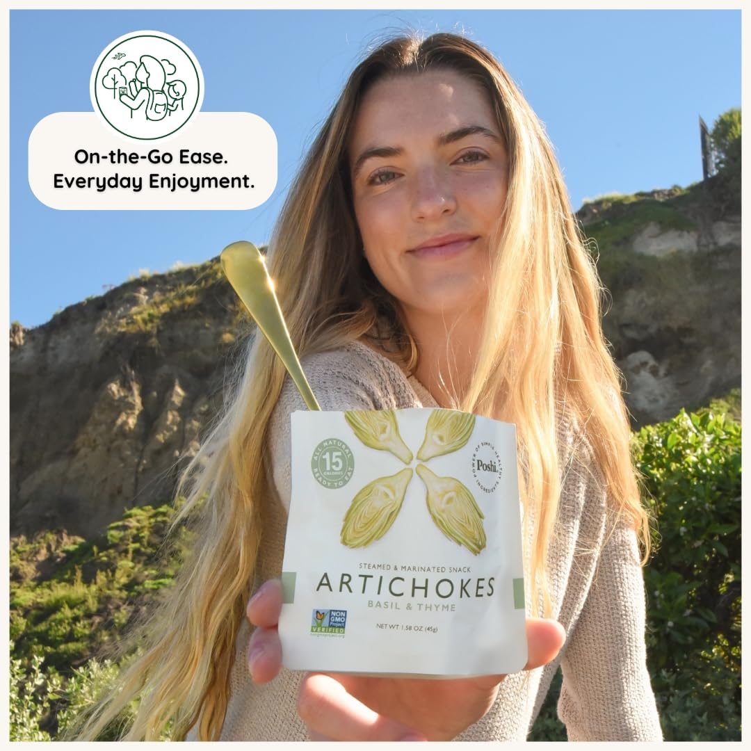 POSHI Artichoke Hearts vegan ingredients shown for plant-based snacking