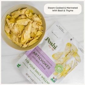 Poshi olive-oil-marinade artichoke-hearts, quick meal ready.