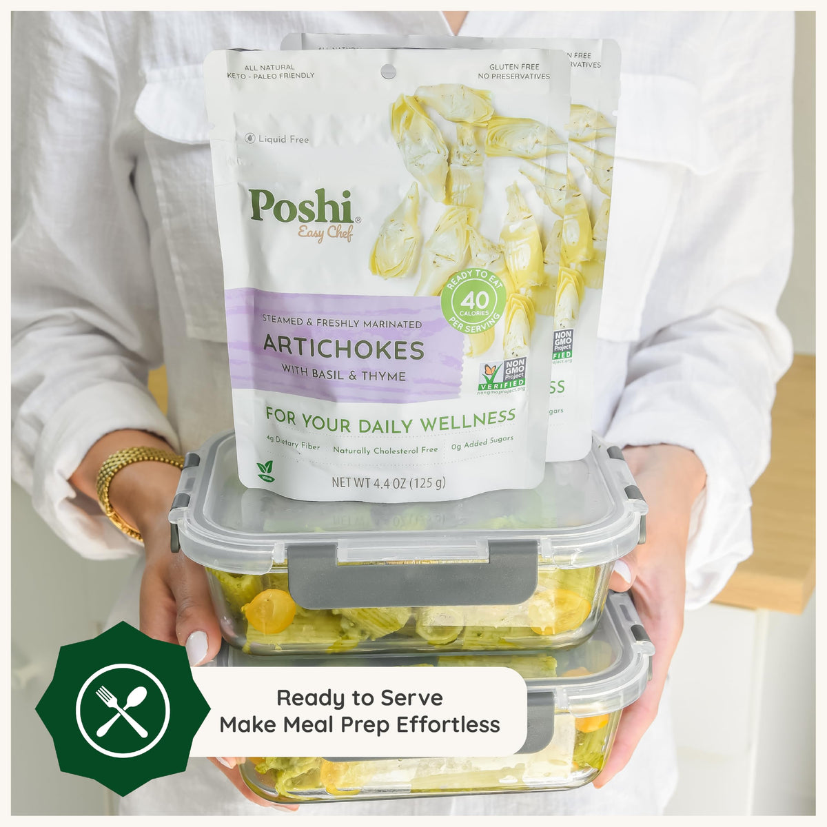 Poshi zero-sugar artichokes, no added sugars for lighter meals.