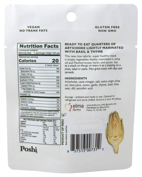 Poshi artichokes marinated snack closeup: rosemary and oregano flavor enhances everyday snacking.