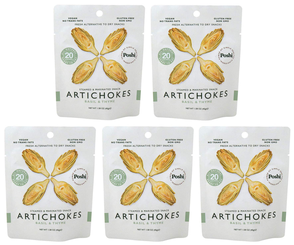 Poshi artichokes marinated snack pack: gluten-free, non-GMO, ideal for on-the-go healthy bites.
