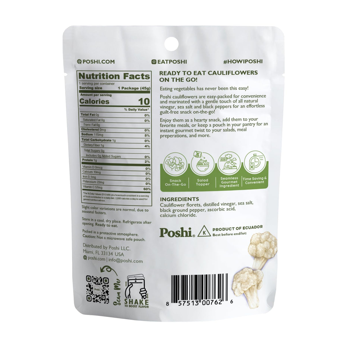 POSHI marinated cauliflower closeup—zesty salt and pepper flavor for savory snack lovers.