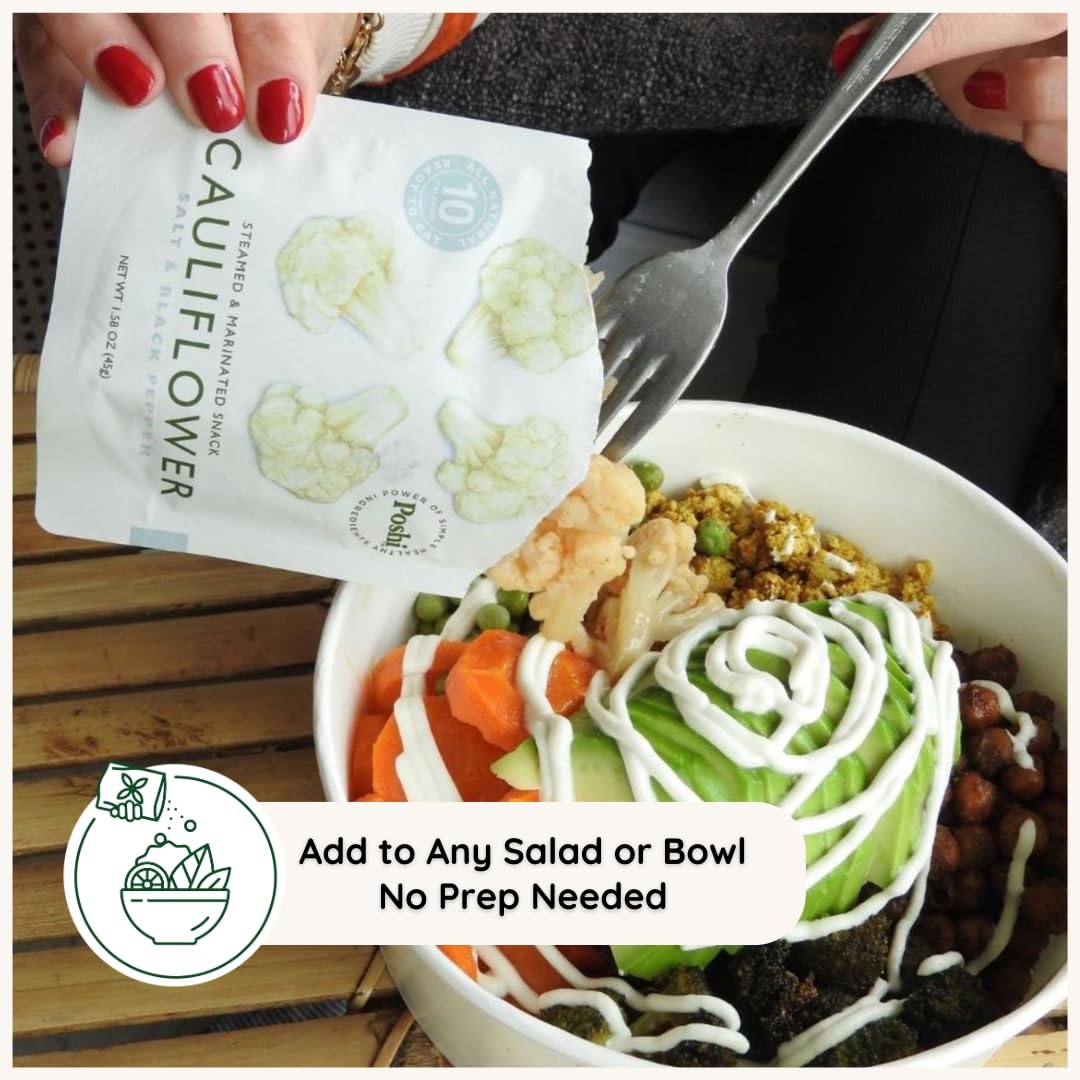 POSHI product shot with olive oil drizzle—fresh, all-natural vegetables.