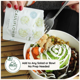 POSHI product shot with olive oil drizzle—fresh, all-natural vegetables.