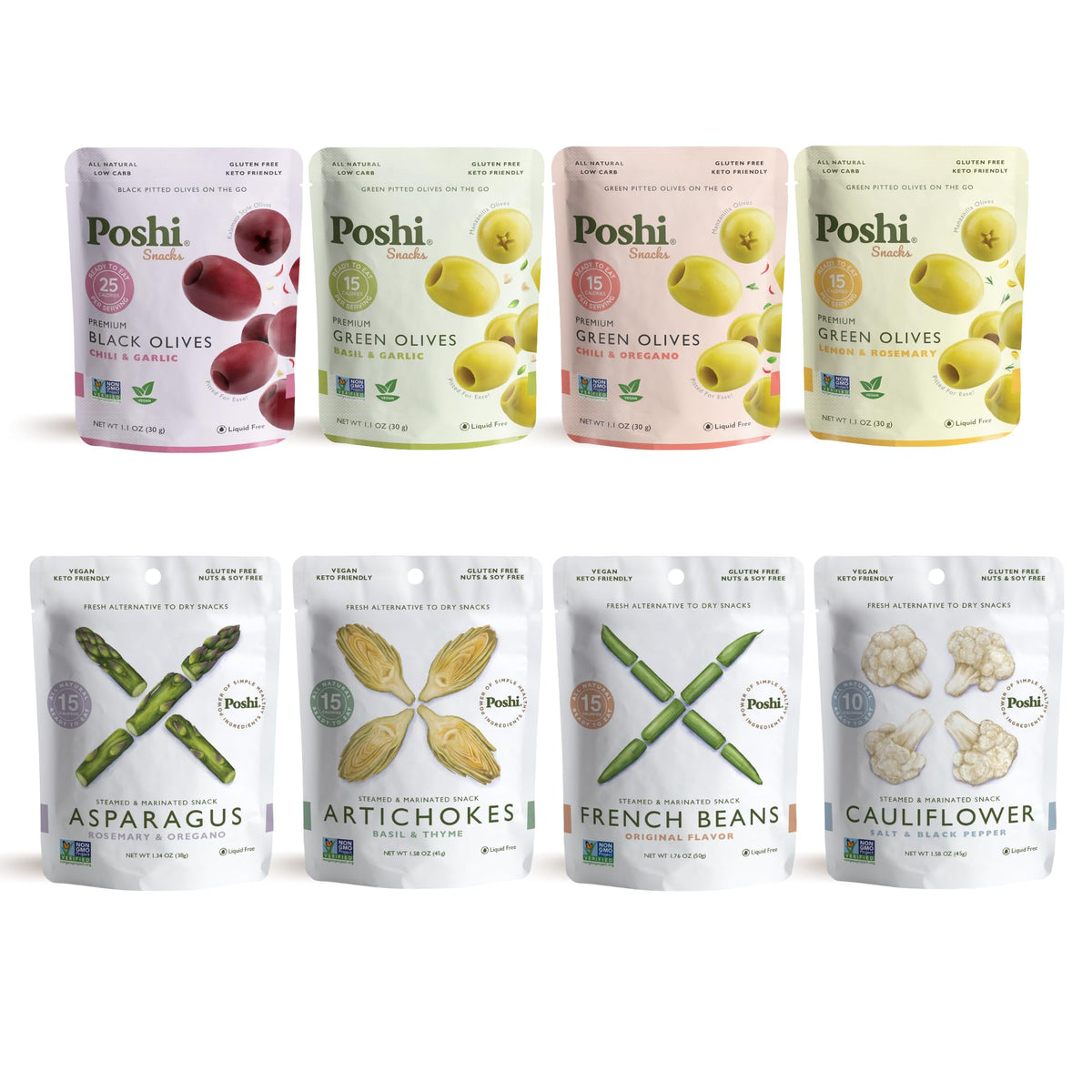 Poshi four-flavor variety pack pouch, ideal for on-the-go snacking.