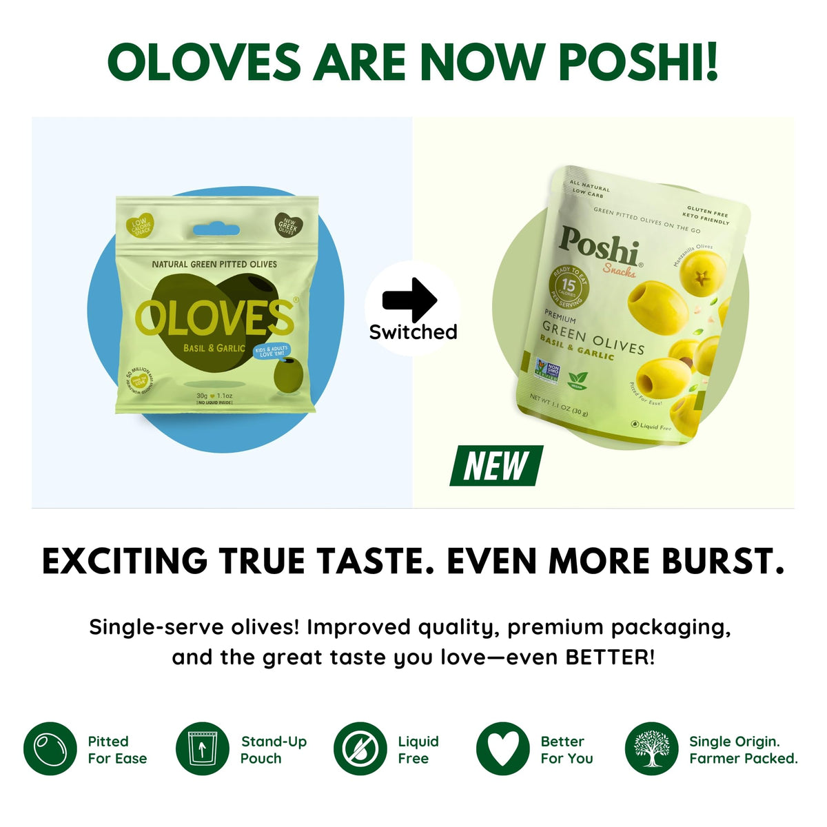 POSHI Green Olives Basil & Garlic marinated detail with herbs.
