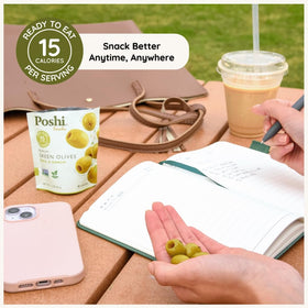 POSHI Green Olives Basil & Garlic on-the-go snack idea.