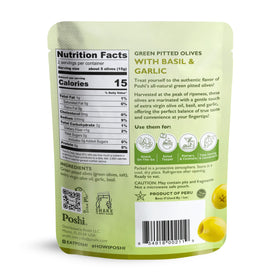 POSHI Green Olives Basil & Garlic pouch close-up showing vibrant olives.