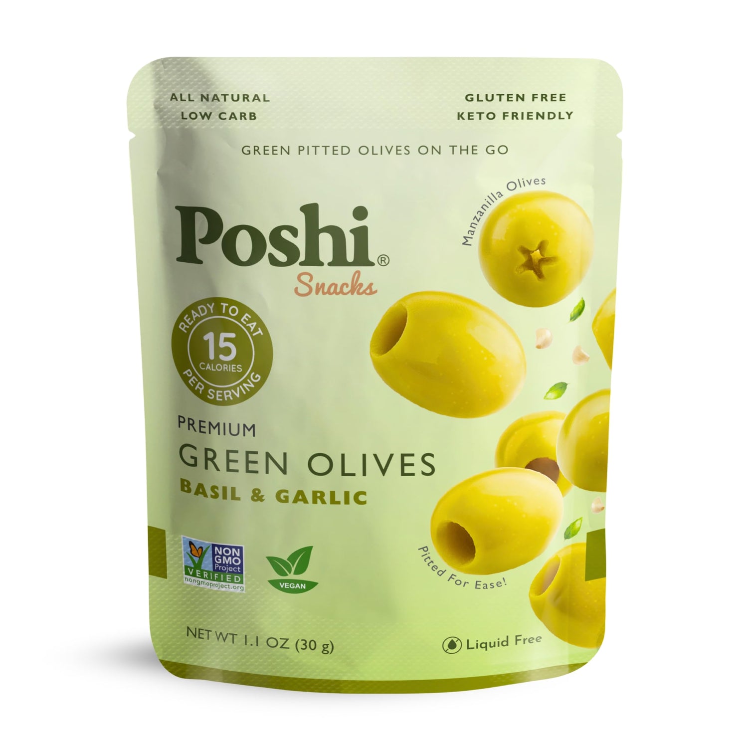 POSHI Green Olives Basil & Garlic pouch front for on-the-go snacking.