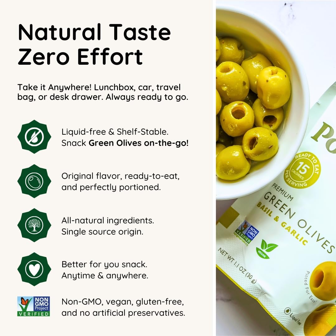 POSHI Green Olives Basil & Garlic pouch-seal reclose for freshness.