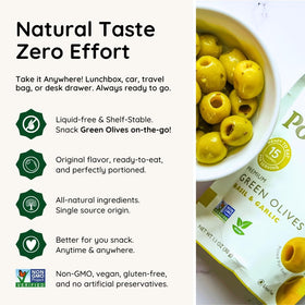 POSHI Green Olives Basil & Garlic pouch-seal reclose for freshness.