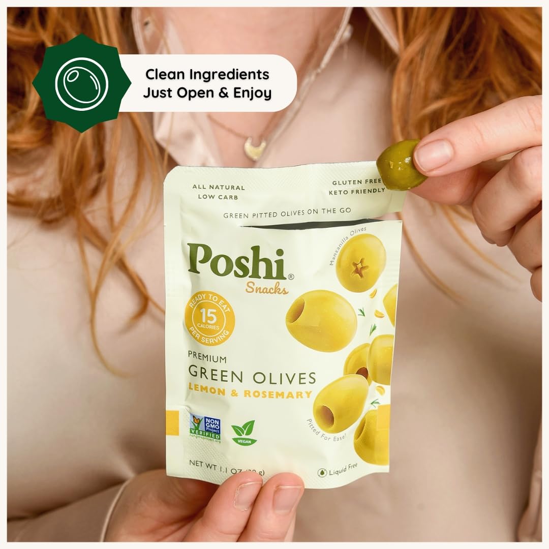 Poshi olives nutrition label highlights natural ingredients and low calorie option.