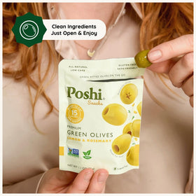 Poshi olives nutrition label highlights natural ingredients and low calorie option.